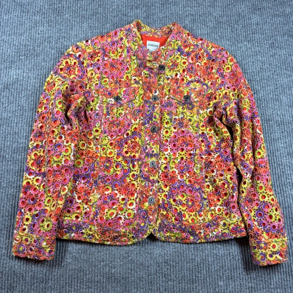 Chico's Jacket Womens‎ Size 1 Embroidered Eyelet Multicolor Floral Button Front